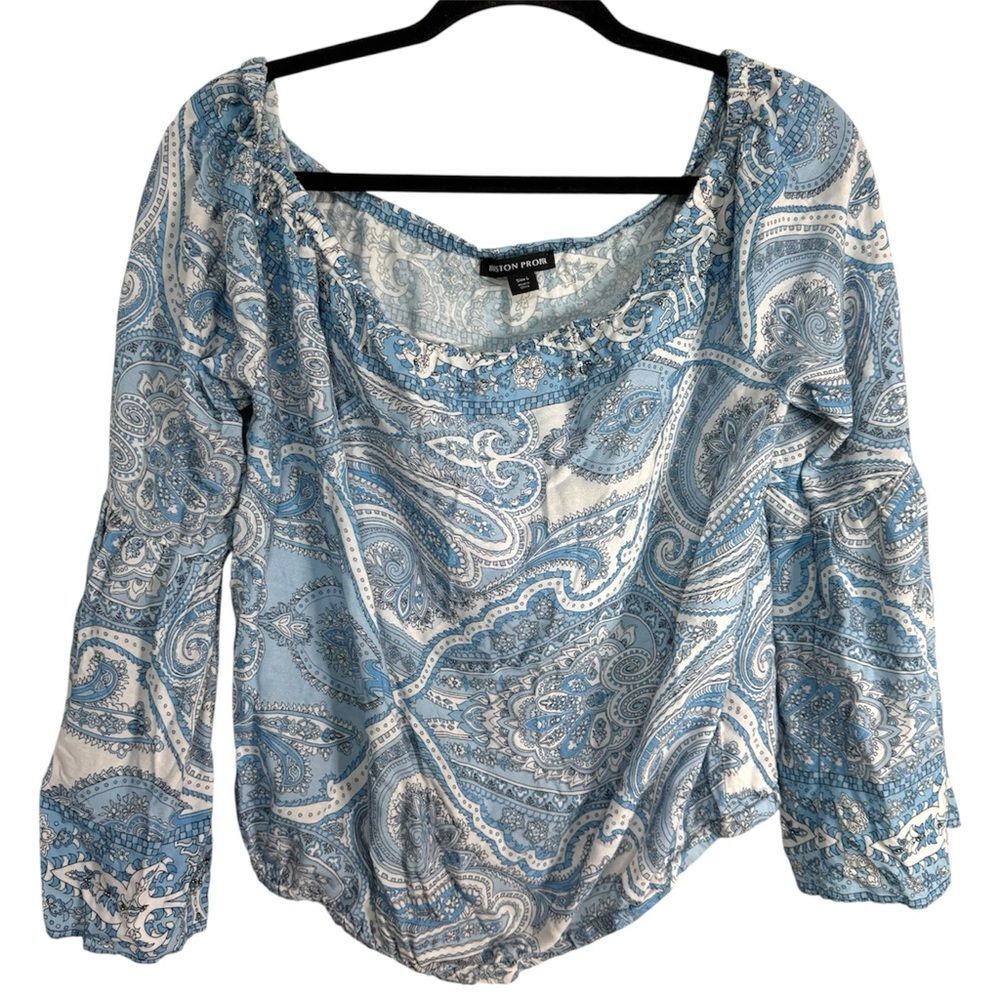 Boston Proper Blue Paisley Off The Shoulder Blouse L